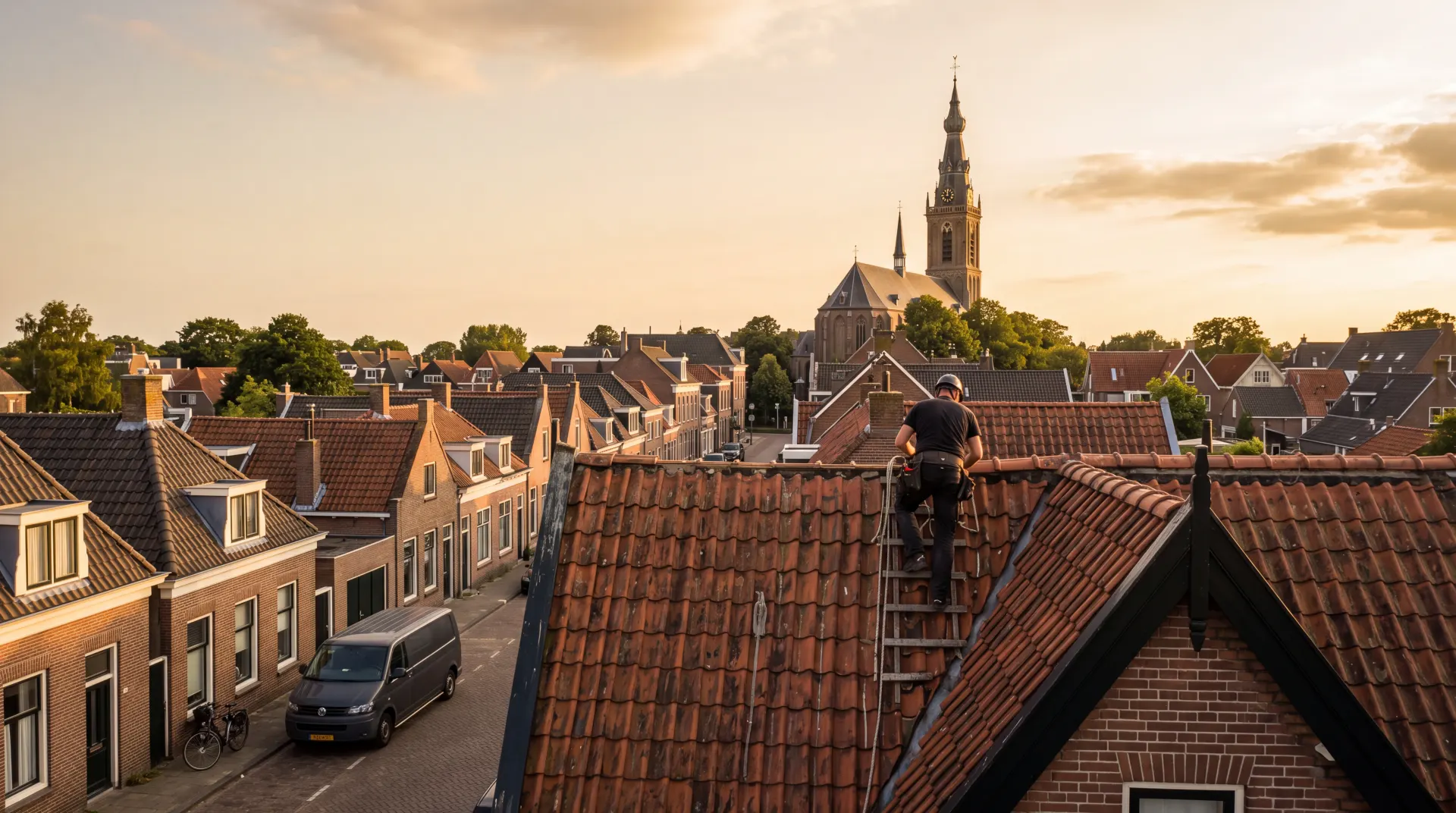 Dakdekker aan het werk op een Nederlands pannendak bij gouden uur