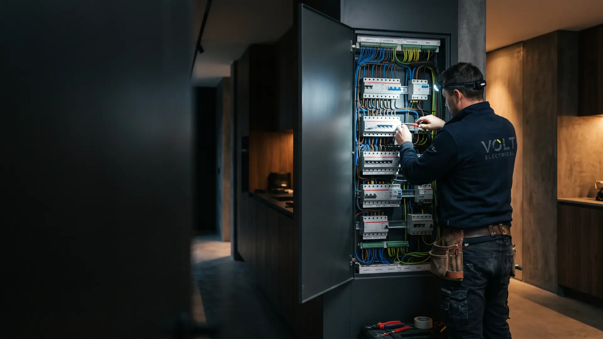 Elektricien werkt aan een groepenkast
