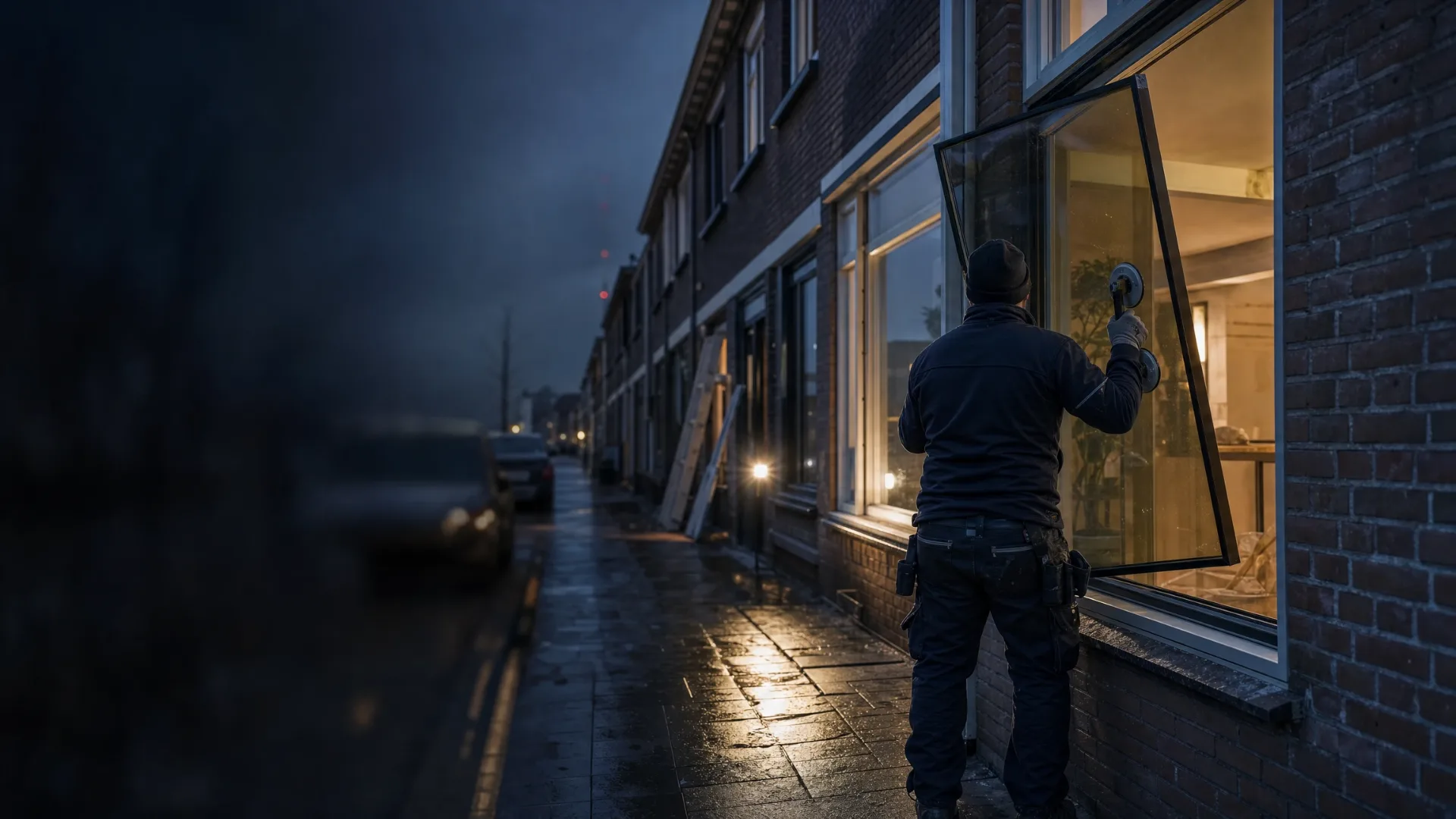Glaszetter plaatst een ruit in een woning bij schemer