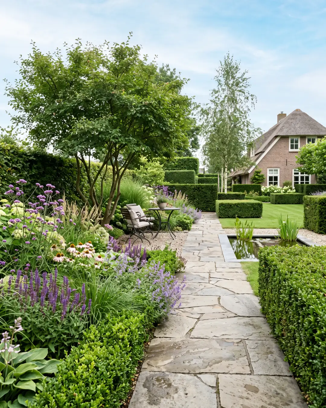 Hovenier legt een strakke tuin met borders en bestrating aan