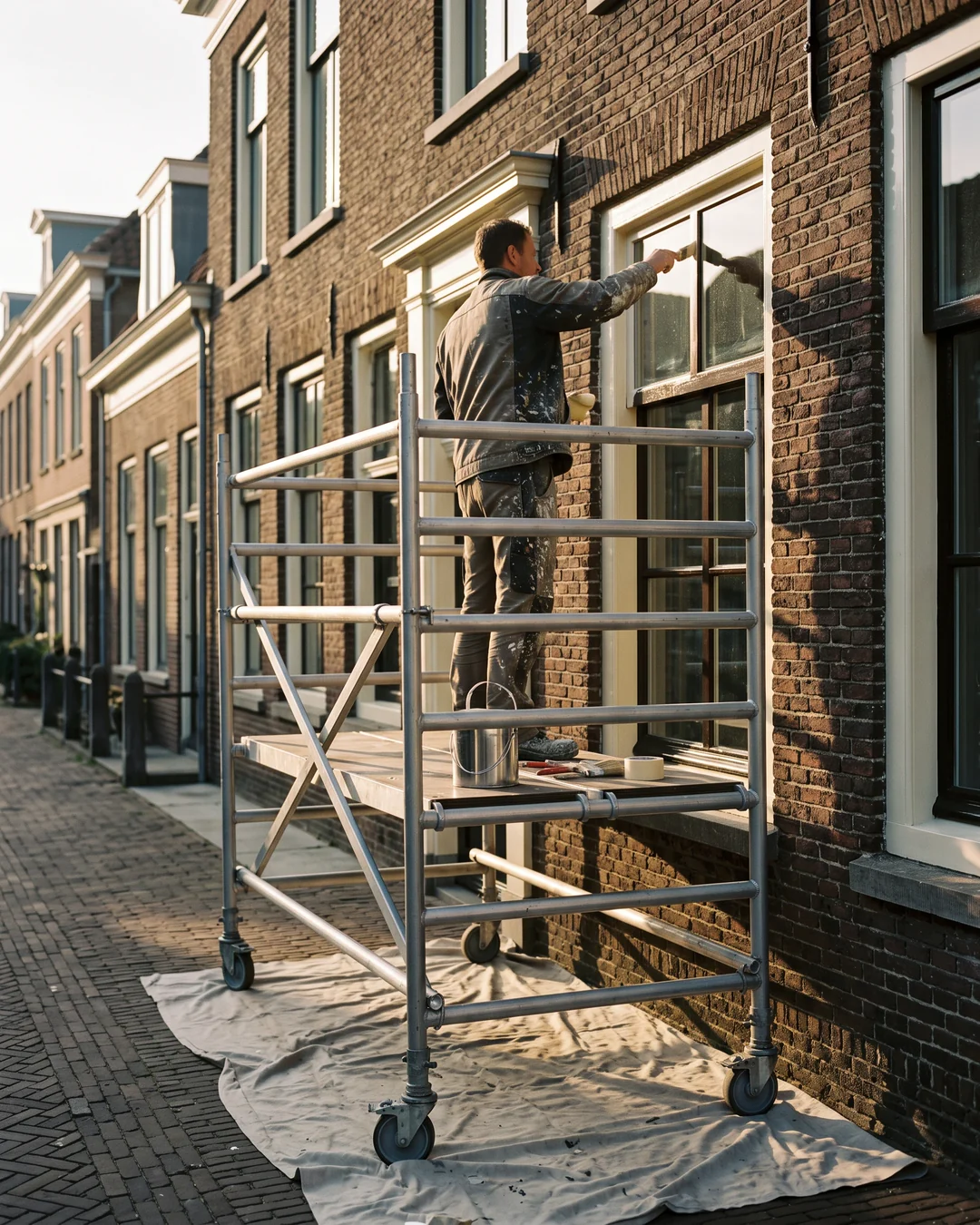 Schilder werkt vanaf een rolsteiger aan de kozijnen van een Nederlandse gevel