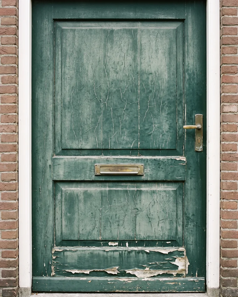 Voordeur voor het schilderwerk: verweerde verf met scheuren en losliggende verf op de onderregel